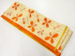 アンティーク　手織り紬格子に葉模様織出し半幅帯（材料）